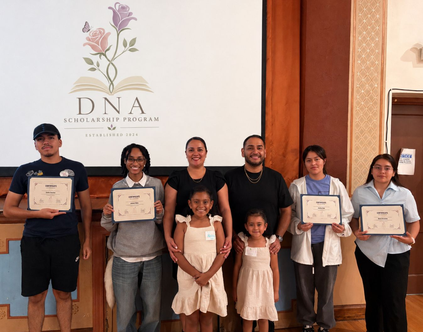 The Reyes family with DNA Scholarship Program's inaugural scholarship recipients at the LVEJO Youth Leadership Program scholarship event in Chicago